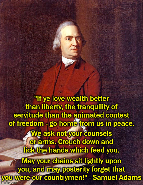 Samuel Adams | "If ye love wealth better than liberty, the tranquility of servitude than the animated contest of freedom - go home from us in peace. May yo | image tagged in samuel adams | made w/ Imgflip meme maker