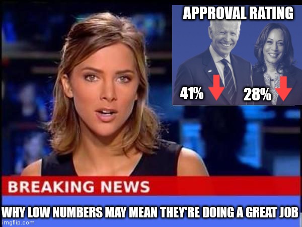 I wouldn't be surprised | APPROVAL RATING; 28%; 41%; WHY LOW NUMBERS MAY MEAN THEY'RE DOING A GREAT JOB | image tagged in breaking news,biden,kamala harris,democrats,msm | made w/ Imgflip meme maker