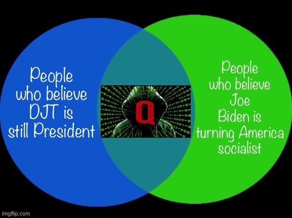 QAnon explained in one simple Venn Diagram | image tagged in qanon venn diagram,qanon,conservative logic,conspiracy theory,conspiracy theories,hmmm | made w/ Imgflip meme maker