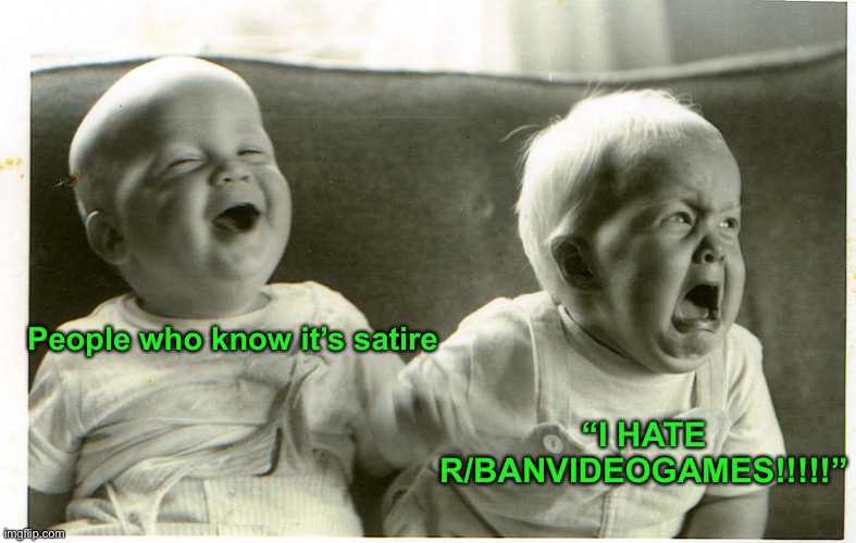  baby laughing baby crying | “I HATE R/BANVIDEOGAMES!!!!!”; People who know it’s satire | image tagged in baby laughing baby crying | made w/ Imgflip meme maker