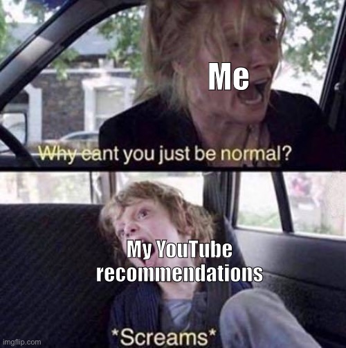 It all over da place lol |  Me; My YouTube recommendations | image tagged in why can't you just be normal | made w/ Imgflip meme maker