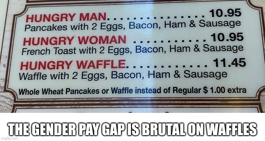 Waffles | THE GENDER PAY GAP IS BRUTAL ON WAFFLES | image tagged in waffles | made w/ Imgflip meme maker