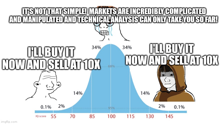 Normal Distribution meme | IT'S NOT THAT SIMPLE!  MARKETS ARE INCREDIBLY COMPLICATED AND MANIPULATED AND TECHNICAL ANALYSIS CAN ONLY TAKE YOU SO FAR! I'LL BUY IT NOW AND SELL AT 10X; I'LL BUY IT NOW AND SELL AT 10X | image tagged in normal distribution meme | made w/ Imgflip meme maker