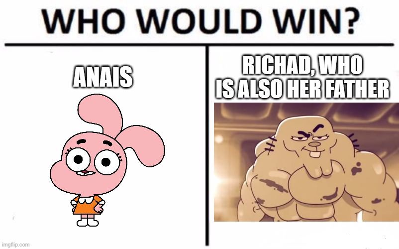 Who Would Win? Meme | ANAIS; RICHAD, WHO IS ALSO HER FATHER | image tagged in memes,who would win | made w/ Imgflip meme maker