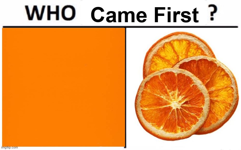 I have a question... |  Came First | image tagged in orange,fruit,color,question | made w/ Imgflip meme maker