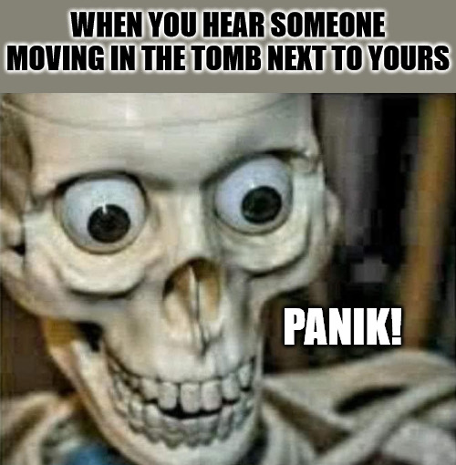 Did you hear something? | WHEN YOU HEAR SOMEONE MOVING IN THE TOMB NEXT TO YOURS; PANIK! | image tagged in dank,christian,memes,ar/dankchristianmemes | made w/ Imgflip meme maker