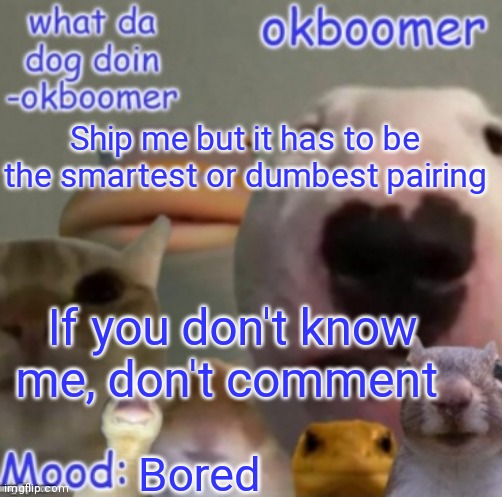 E | Ship me but it has to be the smartest or dumbest pairing; If you don't know me, don't comment; Bored | image tagged in okboomer template v4 credit to yeetrex | made w/ Imgflip meme maker