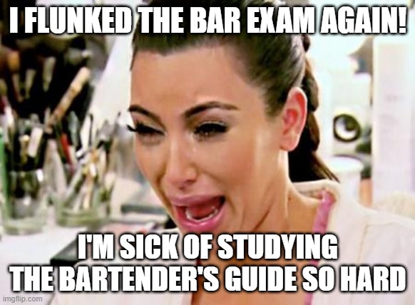 Bar Exam | I FLUNKED THE BAR EXAM AGAIN! I'M SICK OF STUDYING THE BARTENDER'S GUIDE SO HARD | image tagged in kim kardashian | made w/ Imgflip meme maker