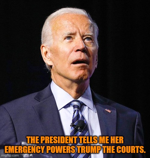 Joe on why his vaccine mandate goes into effect despite the federal courts. | THE PRESIDENT TELLS ME HER EMERGENCY POWERS TRUMP THE COURTS. | image tagged in joe biden,this aint democracy,this is an oligarchy,covid19,vaccines | made w/ Imgflip meme maker