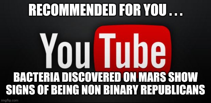 youtube | RECOMMENDED FOR YOU . . . BACTERIA DISCOVERED ON MARS SHOW SIGNS OF BEING NON BINARY REPUBLICANS | image tagged in youtube | made w/ Imgflip meme maker