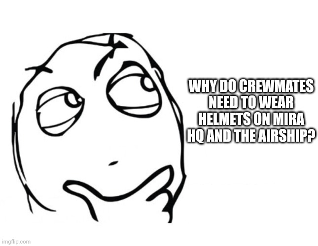 hmmm | WHY DO CREWMATES NEED TO WEAR HELMETS ON MIRA HQ AND THE AIRSHIP? | image tagged in hmmm,food 4 thought,among us,logic | made w/ Imgflip meme maker