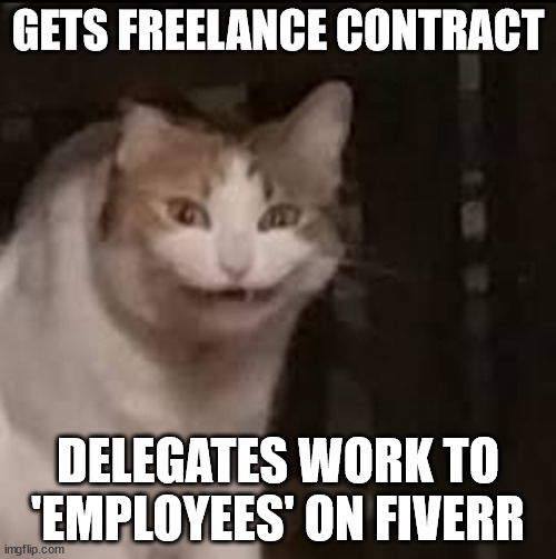 Freelance Cat | GETS FREELANCE CONTRACT; DELEGATES WORK TO 'EMPLOYEES' ON FIVERR | image tagged in work,coworkers,hardworking guy,jobs | made w/ Imgflip meme maker