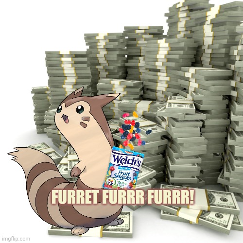 Furret has all the mons! | FURRET FURRR FURRR! | image tagged in furret,give furret mons,money,pokemon,fruit snacks | made w/ Imgflip meme maker