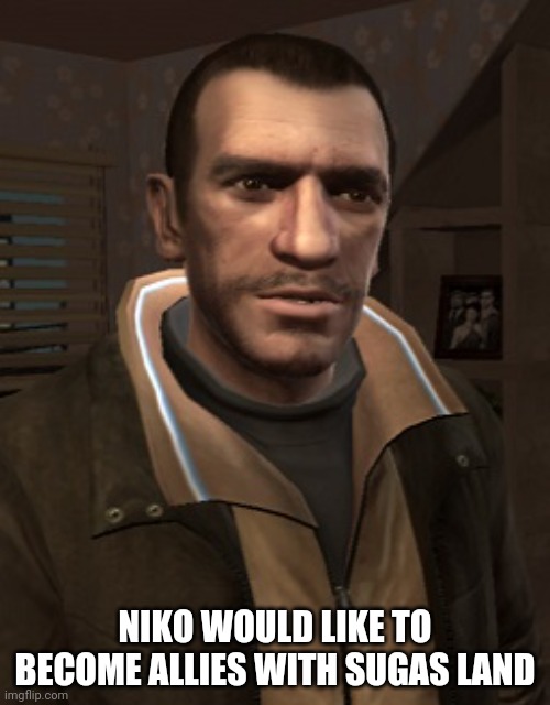Niko Bellic | NIKO WOULD LIKE TO BECOME ALLIES WITH SUGAS LAND | image tagged in niko bellic | made w/ Imgflip meme maker