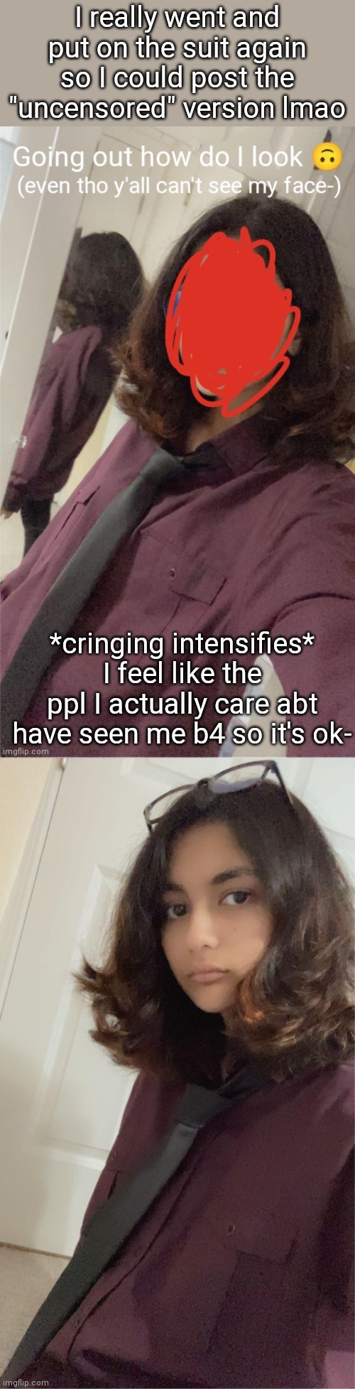 ._. ty for 100 followers? | I really went and put on the suit again so I could post the "uncensored" version lmao; *cringing intensifies* I feel like the ppl I actually care abt have seen me b4 so it's ok- | made w/ Imgflip meme maker