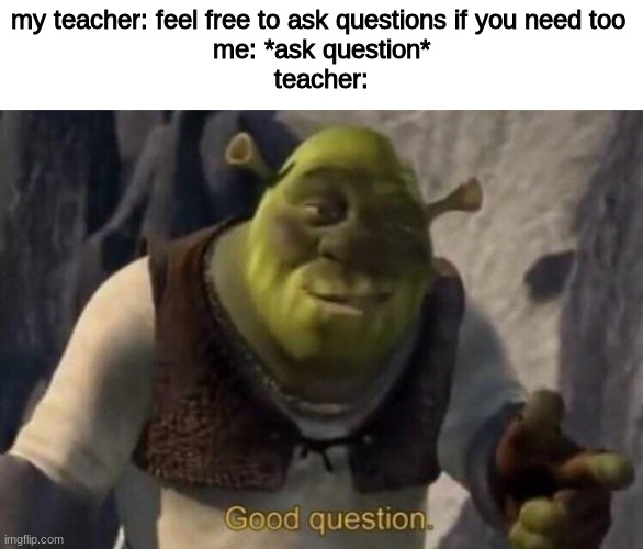 Shrek good question | my teacher: feel free to ask questions if you need too 
me: *ask question*
teacher: | image tagged in shrek good question | made w/ Imgflip meme maker