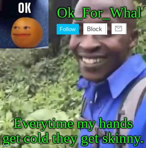 skinny | Everytime my hands get cold they get skinny. | image tagged in ok_for_what temp | made w/ Imgflip meme maker