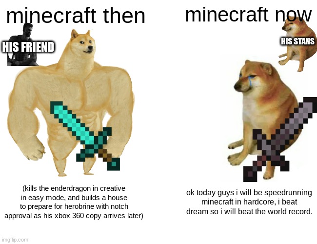 xbox360craft | minecraft then; minecraft now; HIS FRIEND; HIS STANS; (kills the enderdragon in creative in easy mode, and builds a house to prepare for herobrine with notch approval as his xbox 360 copy arrives later); ok today guys i will be speedrunning minecraft in hardcore, i beat dream so i will beat the world record. | image tagged in memes,buff doge vs cheems | made w/ Imgflip meme maker