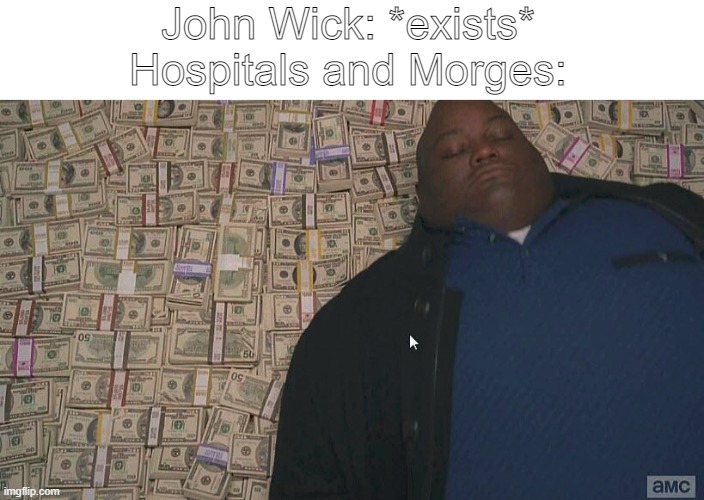 This happens if. | John Wick: *exists*
Hospitals and Morges: | image tagged in fat guy laying on money | made w/ Imgflip meme maker
