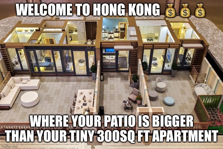 Hong Hong | WELCOME TO HONG KONG 💰💰💰; WHERE YOUR PATIO IS BIGGER THAN YOUR TINY 300SQ FT APARTMENT | image tagged in memes,ck holdings,sardine flats,squeeze profits | made w/ Imgflip meme maker