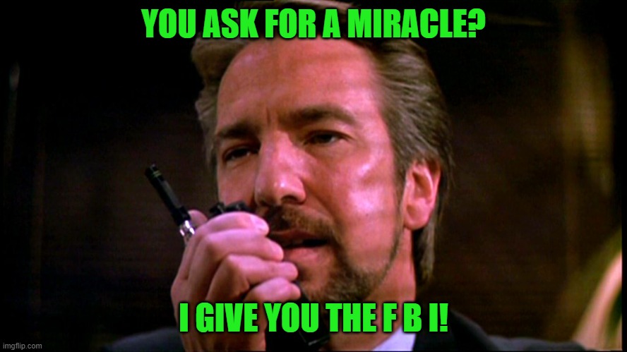 Hans Gruber | YOU ASK FOR A MIRACLE? I GIVE YOU THE F B I! | image tagged in hans gruber | made w/ Imgflip meme maker