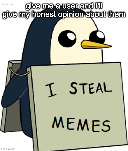 penguin meme theif | give me a user and i'll give my honest opinion about them | image tagged in penguin meme theif | made w/ Imgflip meme maker