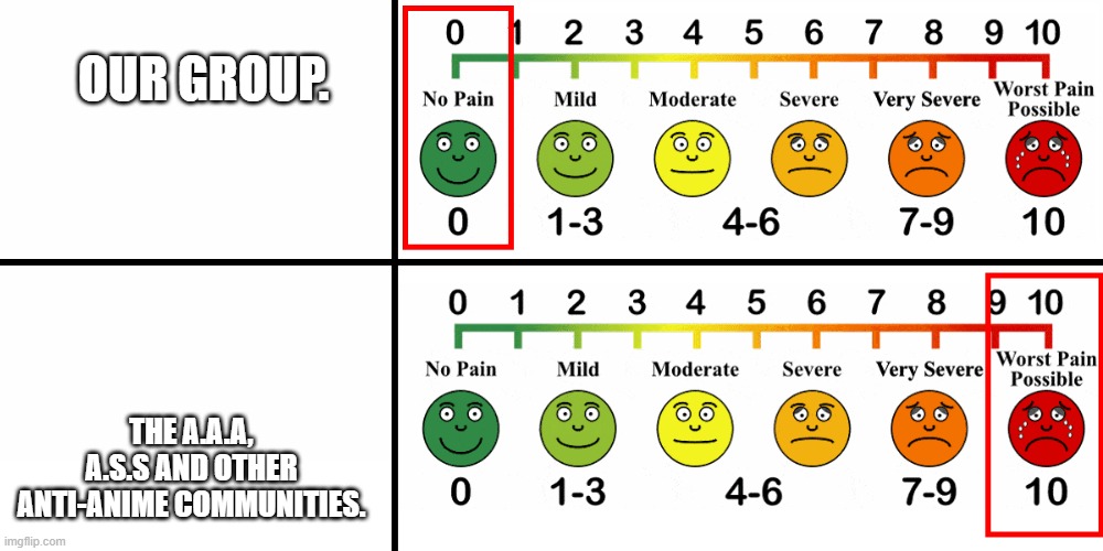 Pain Scale | OUR GROUP. THE A.A.A, A.S.S AND OTHER ANTI-ANIME COMMUNITIES. | image tagged in pain scale | made w/ Imgflip meme maker