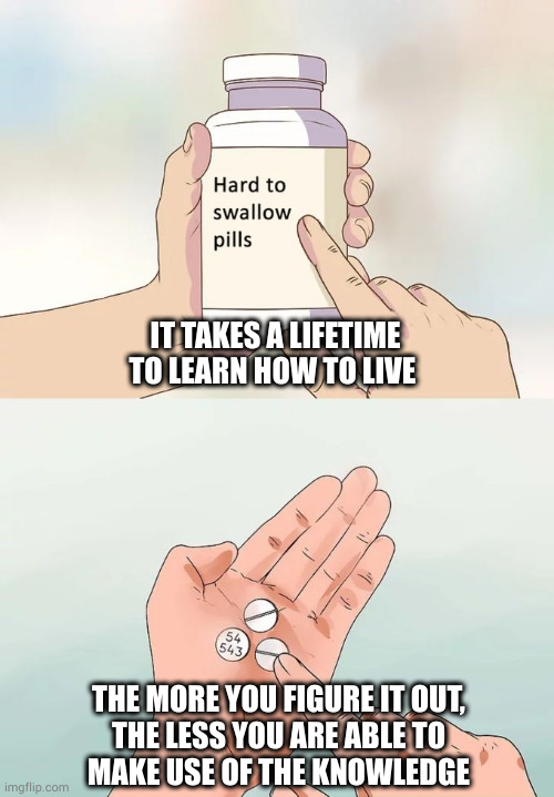 The punchline is that if you're alive, you're one of the lucky ones | IT TAKES A LIFETIME TO LEARN HOW TO LIVE; THE MORE YOU FIGURE IT OUT,
THE LESS YOU ARE ABLE TO
MAKE USE OF THE KNOWLEDGE | image tagged in memes,hard to swallow pills | made w/ Imgflip meme maker