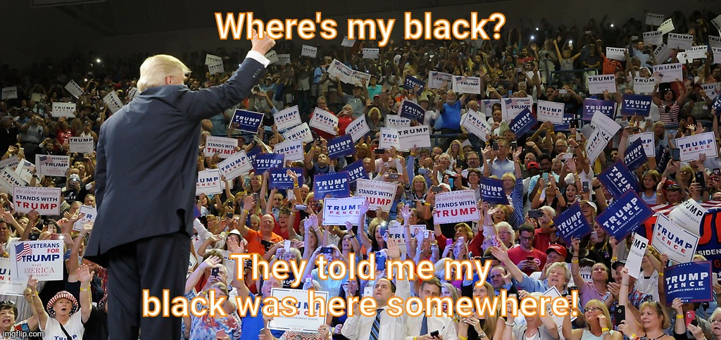 Trump Rally | Where's my black? They told me my black was here somewhere! | image tagged in trump rally | made w/ Imgflip meme maker