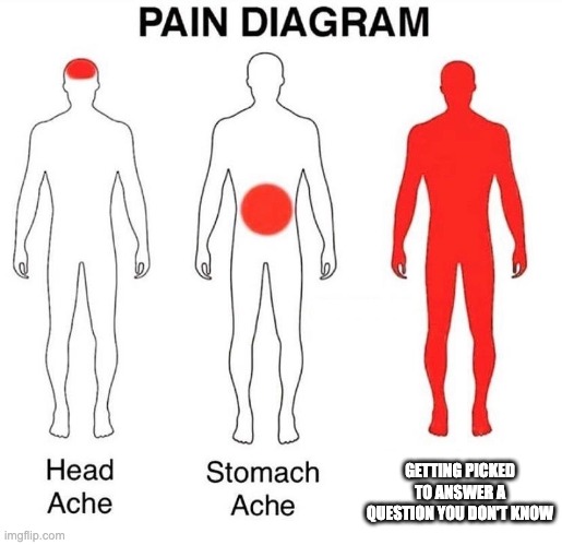 Pain Diagram | GETTING PICKED TO ANSWER A QUESTION YOU DON'T KNOW | image tagged in pain diagram | made w/ Imgflip meme maker