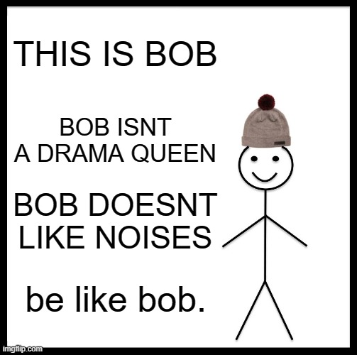learn your lesson | THIS IS BOB; BOB ISNT A DRAMA QUEEN; BOB DOESNT LIKE NOISES; be like bob. | image tagged in funny memes,memes,be like bill | made w/ Imgflip meme maker