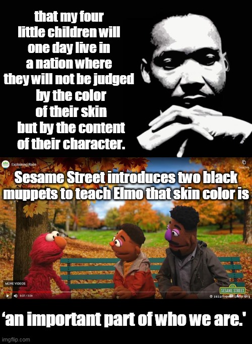 I Have a Dream... | that my four little children will one day live in a nation where they will not be judged; by the color of their skin but by the content of their character. Sesame Street introduces two black muppets to teach Elmo that skin color is; ‘an important part of who we are.' | image tagged in martin luther king jr,sesame street,racism,democrats,liberals,communism | made w/ Imgflip meme maker