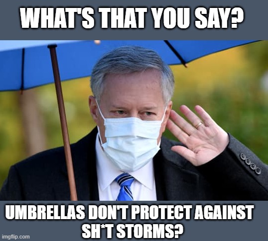 Trump's Chief of Staff's criminal indictment watch officially begins | WHAT'S THAT YOU SAY? UMBRELLAS DON'T PROTECT AGAINST   
SH*T STORMS? | image tagged in mark meadows,gop corruption,election 2020,trump cos,contempt of congress,insurrection | made w/ Imgflip meme maker