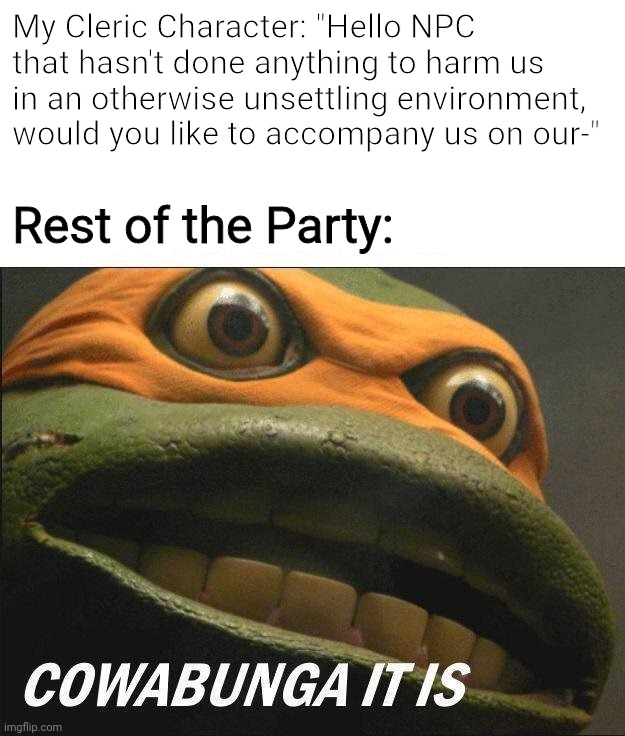 Cowabunga It Is | My Cleric Character: "Hello NPC that hasn't done anything to harm us in an otherwise unsettling environment, would you like to accompany us on our-"; Rest of the Party: | image tagged in cowabunga it is | made w/ Imgflip meme maker