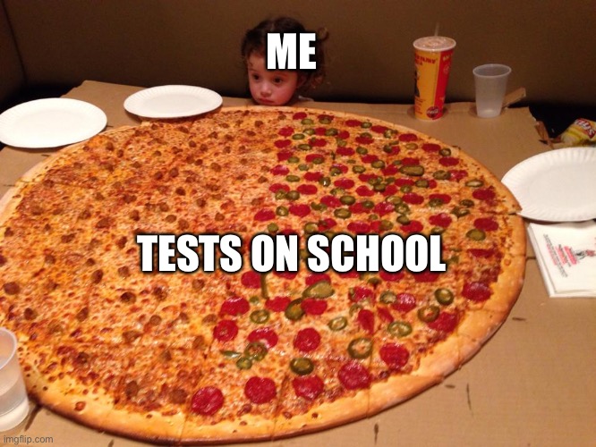 Little girl, gigantic pizza | ME TESTS ON SCHOOL | image tagged in little girl gigantic pizza | made w/ Imgflip meme maker