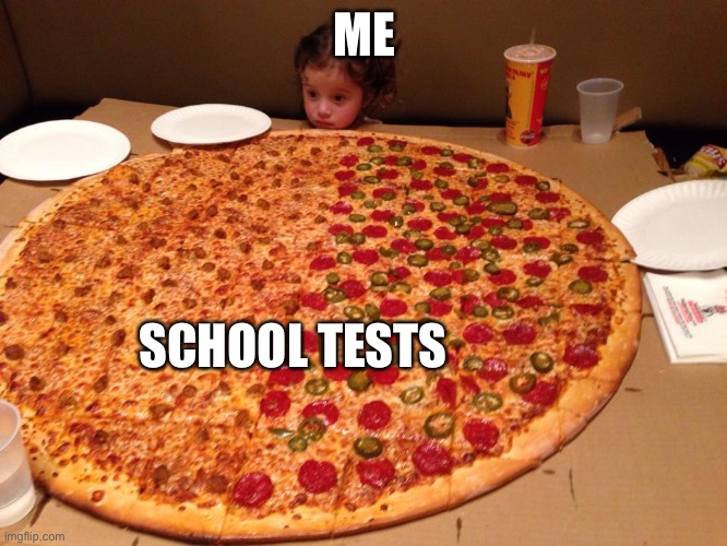 Little girl, gigantic pizza | ME; SCHOOL TESTS | image tagged in little girl gigantic pizza | made w/ Imgflip meme maker