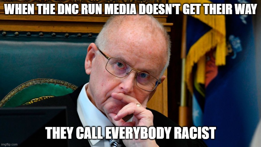 Judge This | WHEN THE DNC RUN MEDIA DOESN'T GET THEIR WAY; THEY CALL EVERYBODY RACIST | image tagged in laws just get in the way,commie tears,foward | made w/ Imgflip meme maker
