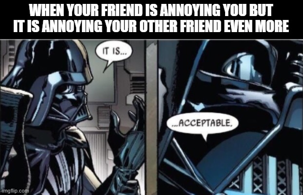 It Is Acceptable |  WHEN YOUR FRIEND IS ANNOYING YOU BUT IT IS ANNOYING YOUR OTHER FRIEND EVEN MORE | image tagged in it is acceptable | made w/ Imgflip meme maker