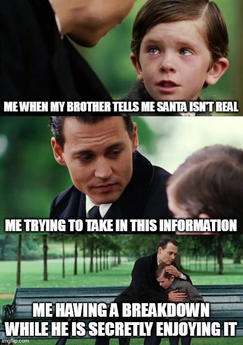 #siblings | ME WHEN MY BROTHER TELLS ME SANTA ISN'T REAL; ME TRYING TO TAKE IN THIS INFORMATION; ME HAVING A BREAKDOWN WHILE HE IS SECRETLY ENJOYING IT | image tagged in memes,finding neverland | made w/ Imgflip meme maker