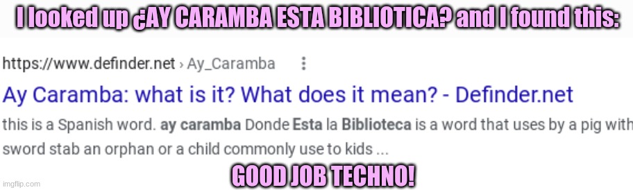 okay | I looked up ¿AY CARAMBA ESTA BIBLIOTICA? and I found this:; GOOD JOB TECHNO! | image tagged in techno ze blade | made w/ Imgflip meme maker