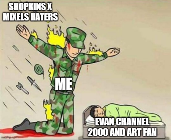 ok this time I will save Evan Channel 2000 and Art Fan from those guys | SHOPKINS X MIXELS HATERS; ME; EVAN CHANNEL 2000 AND ART FAN | image tagged in soldier protecting sleeping child | made w/ Imgflip meme maker
