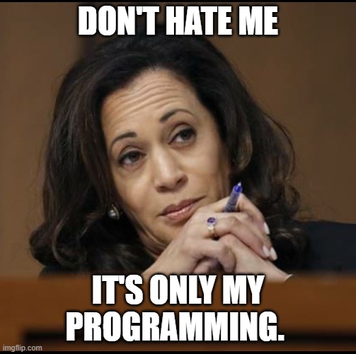 Kamala Harris  | DON'T HATE ME IT'S ONLY MY PROGRAMMING. | image tagged in kamala harris | made w/ Imgflip meme maker