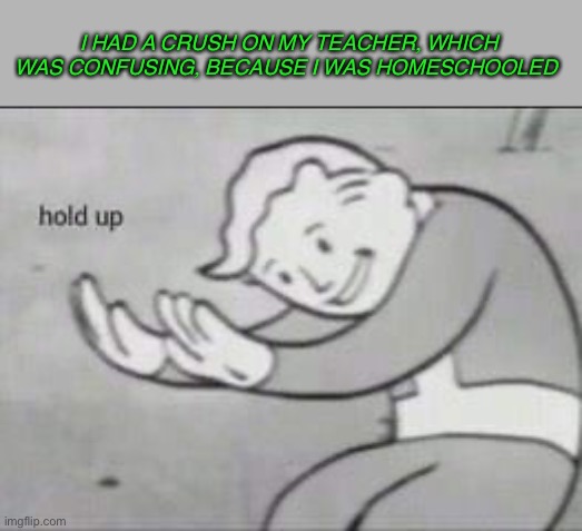 Fallout Hold Up | I HAD A CRUSH ON MY TEACHER, WHICH WAS CONFUSING, BECAUSE I WAS HOMESCHOOLED | image tagged in fallout hold up,memes,funny,dark humor,lmao,oop | made w/ Imgflip meme maker