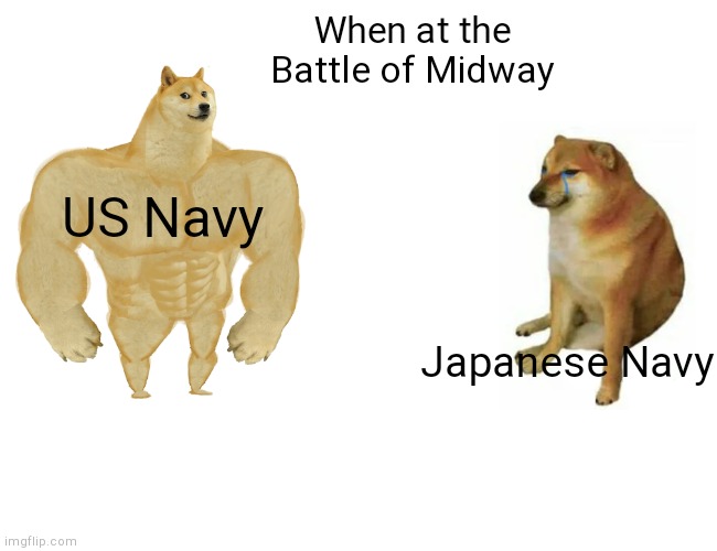 Battle of Midway | When at the Battle of Midway; US Navy; Japanese Navy | image tagged in memes,buff doge vs cheems | made w/ Imgflip meme maker