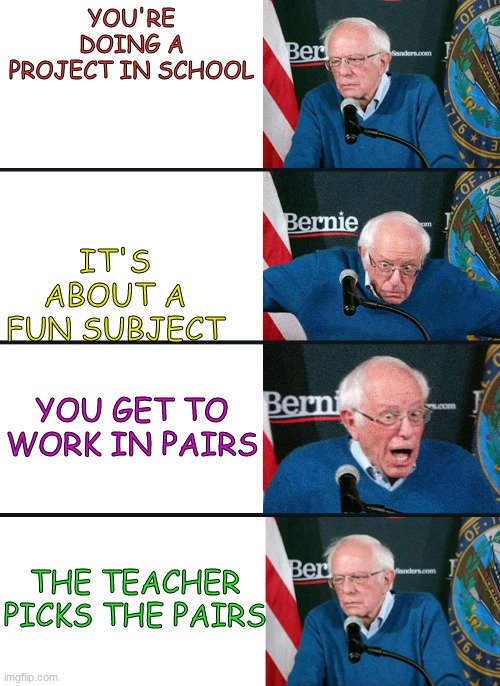 bernie reaction bad good good bad | YOU'RE DOING A PROJECT IN SCHOOL; IT'S ABOUT A FUN SUBJECT; YOU GET TO WORK IN PAIRS; THE TEACHER PICKS THE PAIRS | image tagged in bernie reaction bad good good bad | made w/ Imgflip meme maker