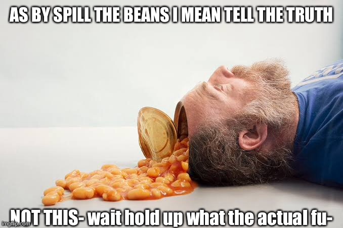 spill the "beans" | AS BY SPILL THE BEANS I MEAN TELL THE TRUTH; NOT THIS- wait hold up what the actual fu- | image tagged in memes,why,ha ha tags go brr | made w/ Imgflip meme maker