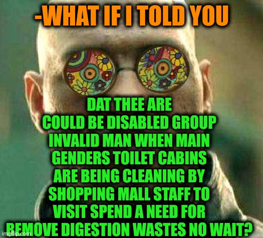 -Be yourself. | DAT THEE ARE COULD BE DISABLED GROUP INVALID MAN WHEN MAIN GENDERS TOILET CABINS ARE BEING CLEANING BY SHOPPING MALL STAFF TO VISIT SPEND A NEED FOR REMOVE DIGESTION WASTES NO WAIT? -WHAT IF I TOLD YOU | image tagged in acid kicks in morpheus,toilet humor,am i disabled,waste,big belly,holiday shopping | made w/ Imgflip meme maker