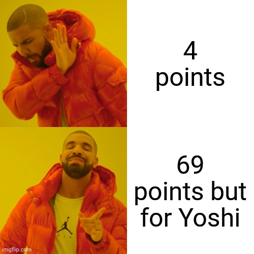 Drake Hotline Bling Meme | 4 points 69 points but for Yoshi | image tagged in memes,drake hotline bling | made w/ Imgflip meme maker