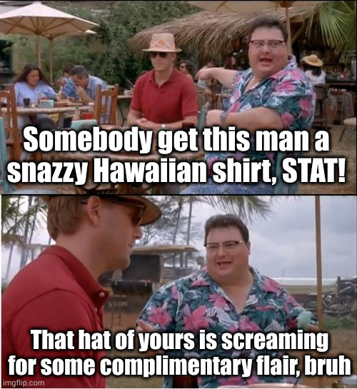 And by complimentary I mean free. I ain't payin' for shit. Or you could just give me the hat. It clashes with your sunglasses. | Somebody get this man a snazzy Hawaiian shirt, STAT! That hat of yours is screaming for some complimentary flair, bruh | image tagged in memes,see nobody cares | made w/ Imgflip meme maker