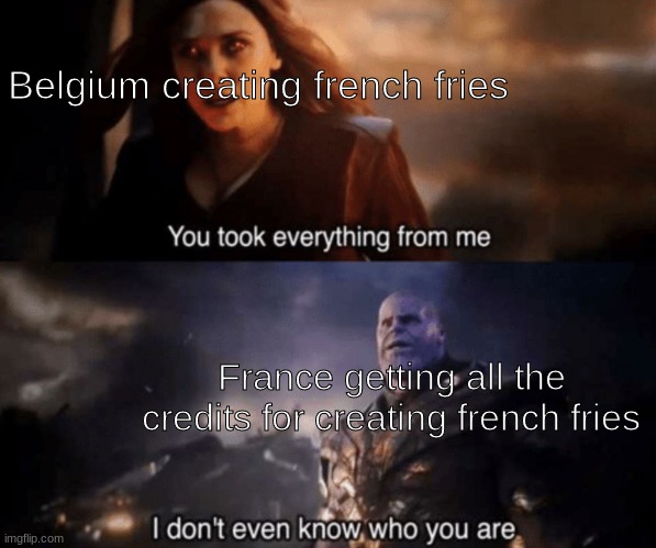 Image Title |  Belgium creating french fries; France getting all the credits for creating french fries | image tagged in you took everything from me - i don't even know who you are | made w/ Imgflip meme maker